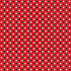 A repeating pattern with black and white flower-like shapes on a red background.