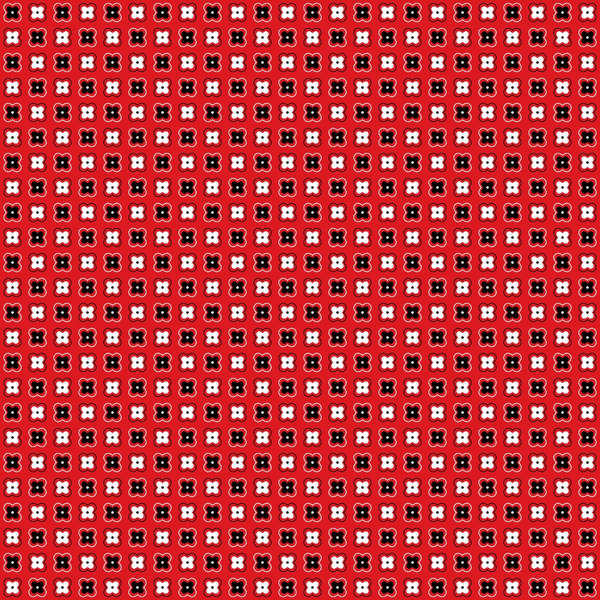 A repeating pattern with black and white flower-like shapes on a red background.