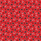 Red paisley pattern with black and white teardrop shapes and small floral motifs, repeating symmetrically across the design.