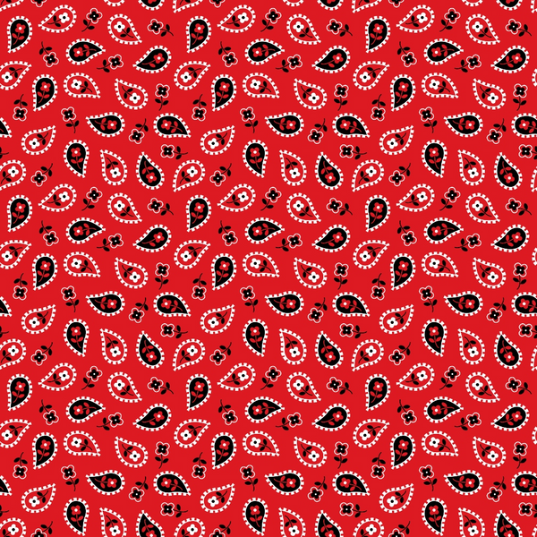 Red paisley pattern with black and white teardrop shapes and small floral motifs, repeating symmetrically across the design.