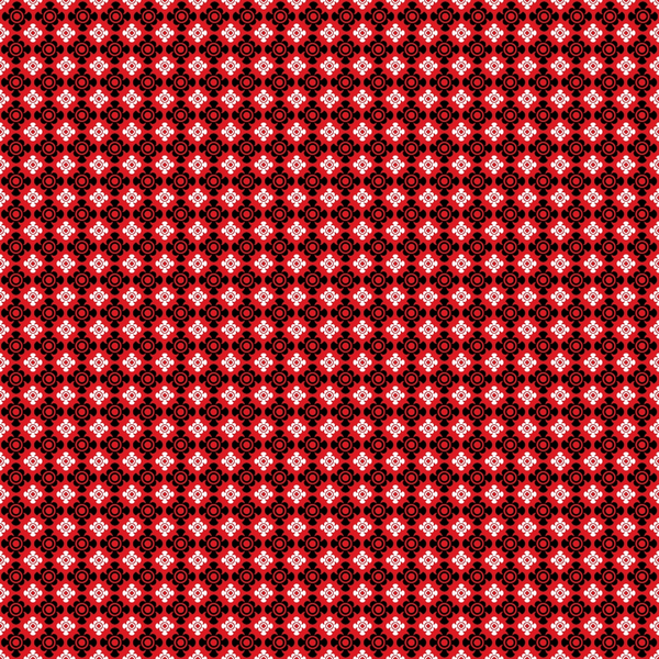 A red and black symmetrical geometric patterned fabric with circular and star-like designs repeating across the surface.