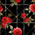 Red roses and green leaves are arranged against a black grid background.