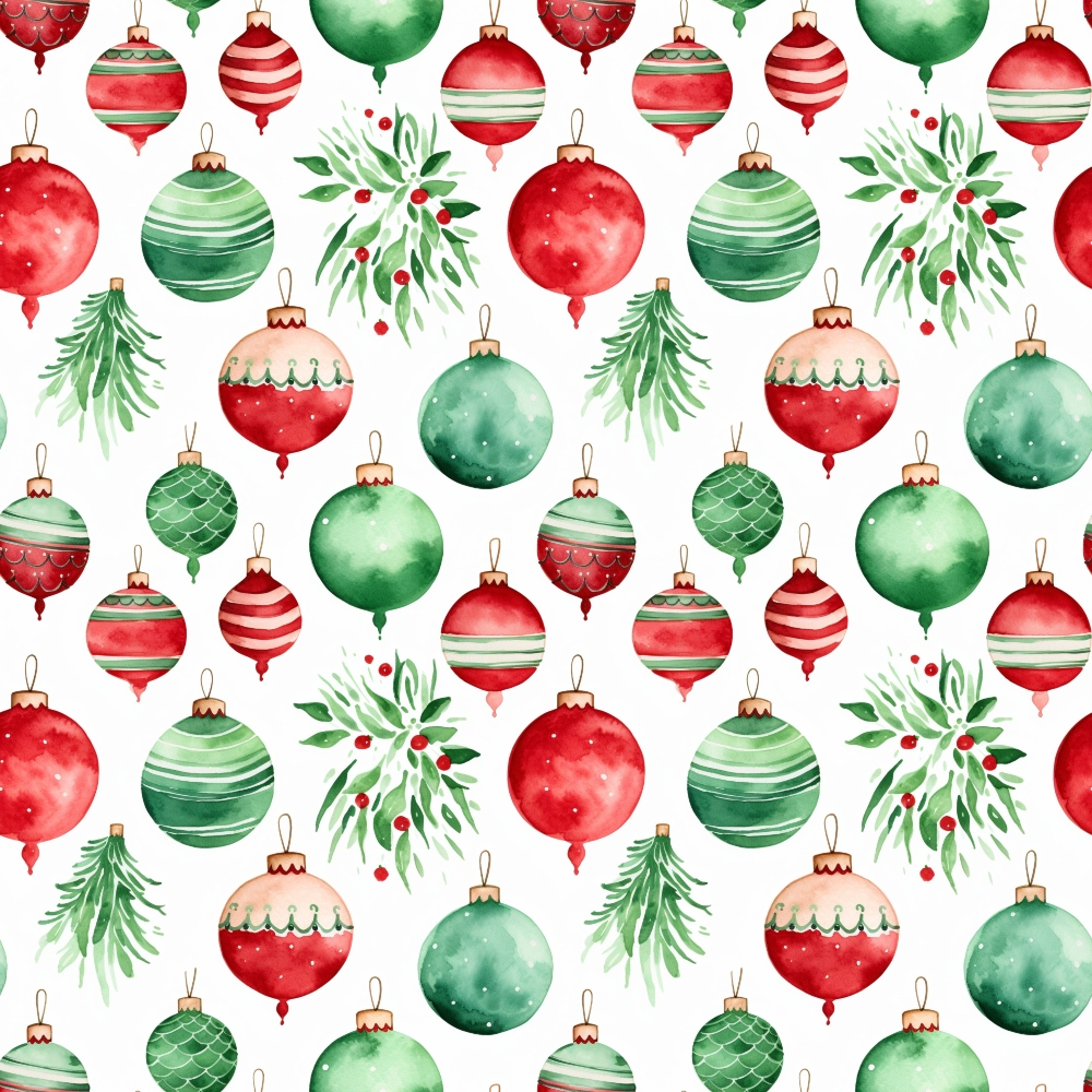 red, green, white, watercolor, christmas ornaments, baubles, holly leaves, berries, pine branches, festive pattern, seamless repeat, holiday decor, winter theme,, fabric panel, watercolor style, christmas decorations, ornament collection, seasonal motifs, striped ornaments