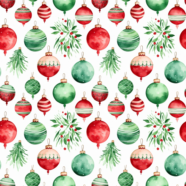 red, green, white, watercolor, christmas ornaments, baubles, holly leaves, berries, pine branches, festive pattern, seamless repeat, holiday decor, winter theme,, fabric panel, watercolor style, christmas decorations, ornament collection, seasonal motifs, striped ornaments