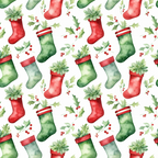 red, green, white, watercolor, christmas stockings, holly leaves, berries, succulent plants, seamless pattern,, fabric panel, holiday theme, festive, botanical elements, repeating design, christmas decor, winter pattern, craft fabric, sewing material, seasonal motifs