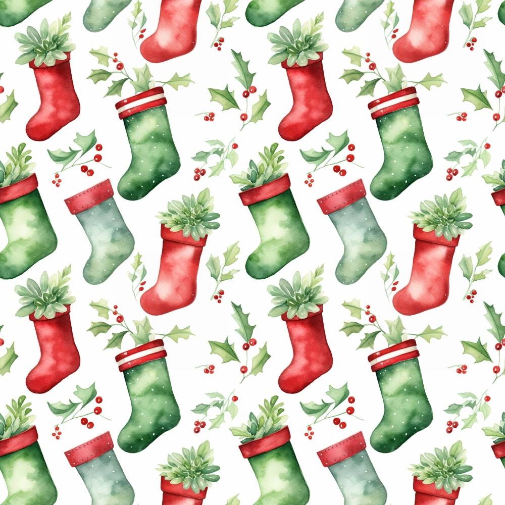 red, green, white, watercolor, christmas stockings, holly leaves, berries, succulent plants, seamless pattern,, fabric panel, holiday theme, festive, botanical elements, repeating design, christmas decor, winter pattern, craft fabric, sewing material, seasonal motifs