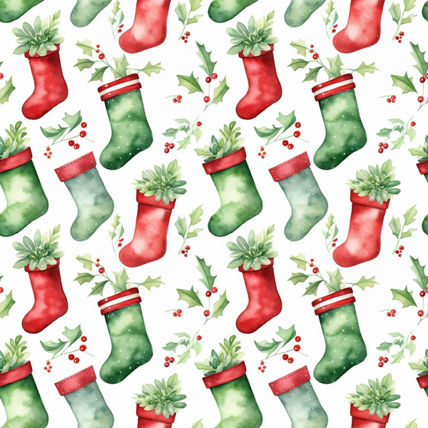 red, green, white, watercolor, christmas stockings, holly leaves, berries, succulent plants, seamless pattern,, fabric panel, holiday theme, festive, botanical elements, repeating design, christmas decor, winter pattern, craft fabric, sewing material, seasonal motifs