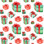 red, green, watercolor, christmas gifts, present boxes, ribbon bows, polka dots, festive pattern, holiday theme,, fabric panel, gift wrapping, scattered design, christmas decor, seasonal motifs, winter celebration, crafting material, sewing fabric, repeating pattern, holiday crafts