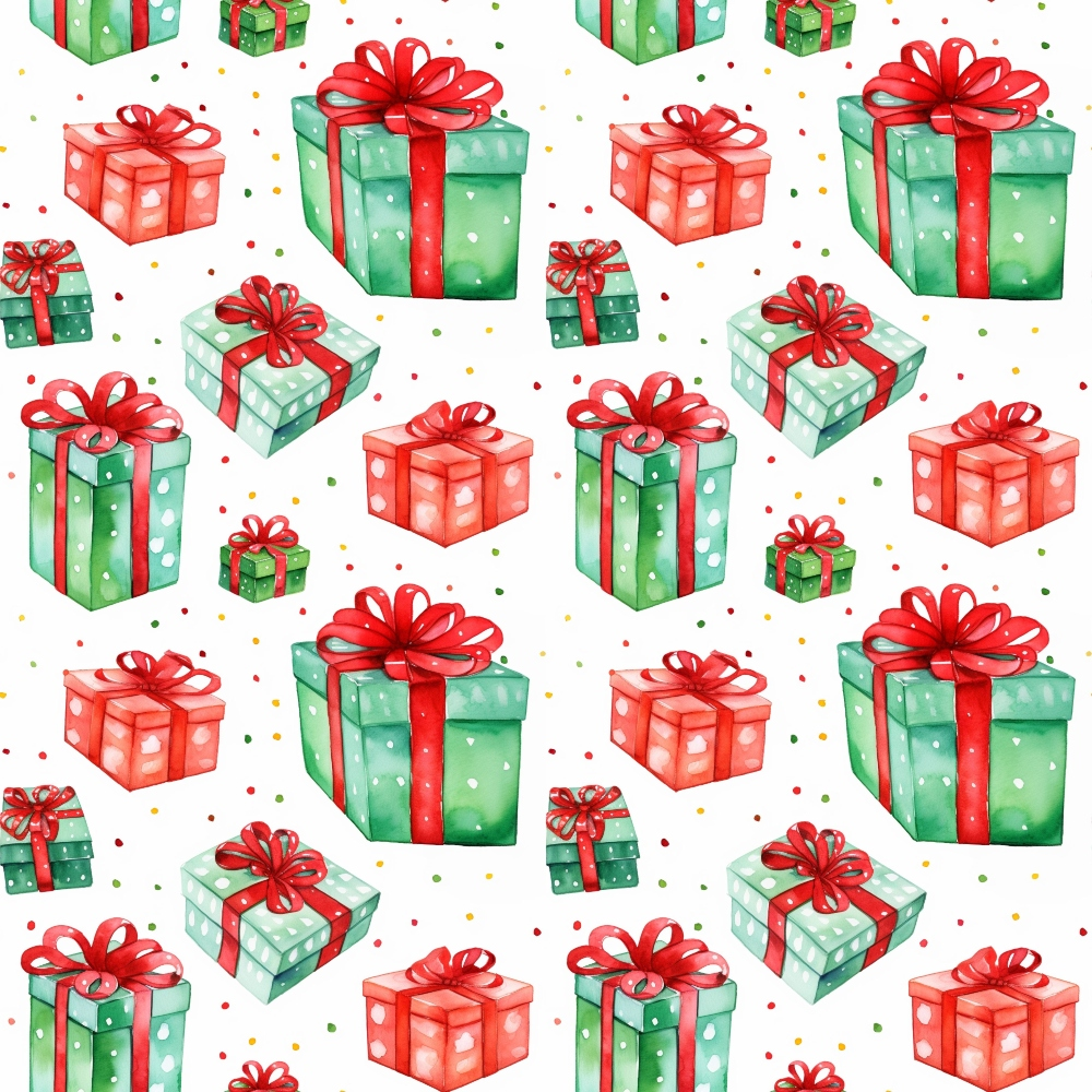 red, green, watercolor, christmas gifts, present boxes, ribbon bows, polka dots, festive pattern, holiday theme,, fabric panel, gift wrapping, scattered design, christmas decor, seasonal motifs, winter celebration, crafting material, sewing fabric, repeating pattern, holiday crafts