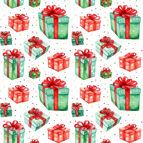 red, green, watercolor, christmas gifts, present boxes, ribbon bows, polka dots, festive pattern, holiday theme,, fabric panel, gift wrapping, scattered design, christmas decor, seasonal motifs, winter celebration, crafting material, sewing fabric, repeating pattern, holiday crafts