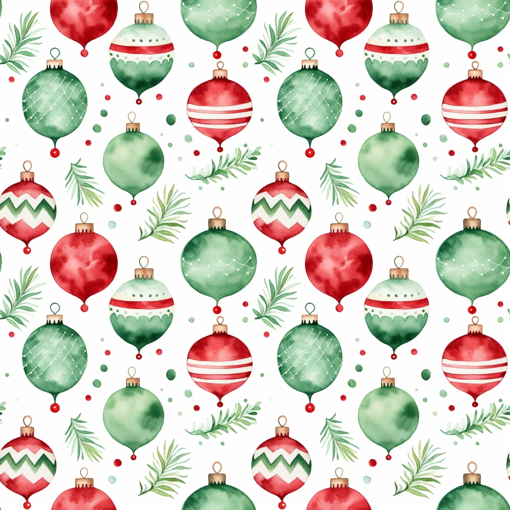 red, green, watercolor, christmas ornaments, baubles, pine branches, evergreen sprigs, festive pattern, holiday motif,, fabric panel, seamless repeat, christmas decorations, spherical ornaments, geometric patterns, striped ornaments, chevron design, winter theme, holiday crafting, cotton fabric
