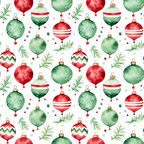 red, green, watercolor, christmas ornaments, baubles, pine branches, evergreen sprigs, festive pattern, holiday motif,, fabric panel, seamless repeat, christmas decorations, spherical ornaments, geometric patterns, striped ornaments, chevron design, winter theme, holiday crafting, cotton fabric