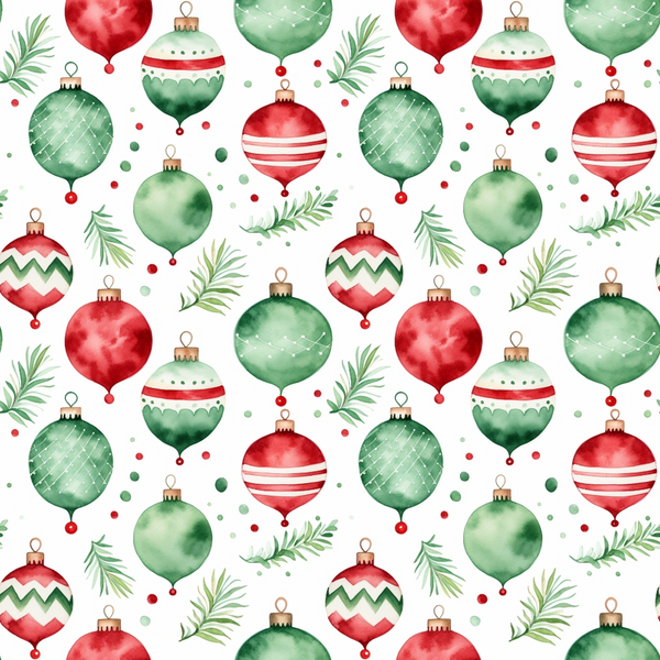 red, green, watercolor, christmas ornaments, baubles, pine branches, evergreen sprigs, festive pattern, holiday motif,, fabric panel, seamless repeat, christmas decorations, spherical ornaments, geometric patterns, striped ornaments, chevron design, winter theme, holiday crafting, cotton fabric