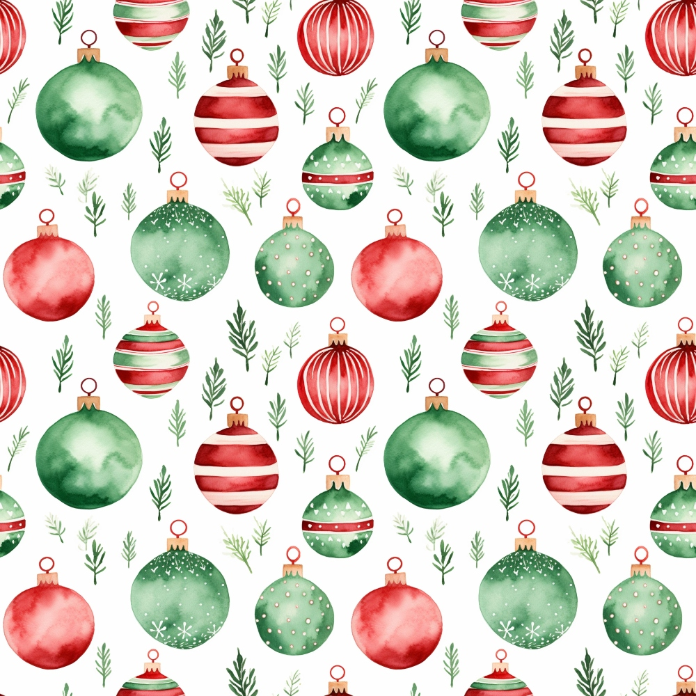 red, green, watercolor, christmas ornaments, baubles, pine sprigs, evergreen branches, holiday pattern, festive design, repeating motif, striped ornaments, polka dot ornaments, snowflake details,, fabric panel, christmas fabric, winter theme, seamless pattern, decorative balls, seasonal motifs