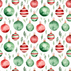red, green, watercolor, christmas ornaments, baubles, pine sprigs, evergreen branches, holiday pattern, festive design, repeating motif, striped ornaments, polka dot ornaments, snowflake details,, fabric panel, christmas fabric, winter theme, seamless pattern, decorative balls, seasonal motifs