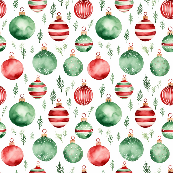 red, green, watercolor, christmas ornaments, baubles, pine sprigs, evergreen branches, holiday pattern, festive design, repeating motif, striped ornaments, polka dot ornaments, snowflake details,, fabric panel, christmas fabric, winter theme, seamless pattern, decorative balls, seasonal motifs