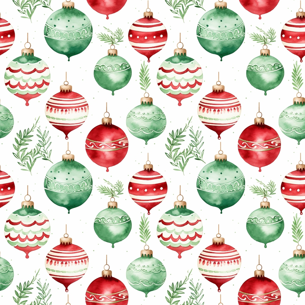 red, green, white, watercolor, christmas ornaments, baubles, decorative balls, pine branches, evergreen sprigs, holiday pattern, seamless repeat, festive design, christmas decorations, winter theme,, fabric panel, hand-painted style, seasonal motif, ornament collection, holiday crafting