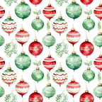 red, green, white, watercolor, christmas ornaments, baubles, decorative balls, pine branches, evergreen sprigs, holiday pattern, seamless repeat, festive design, christmas decorations, winter theme,, fabric panel, hand-painted style, seasonal motif, ornament collection, holiday crafting