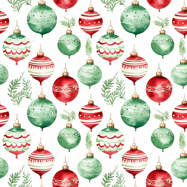 red, green, white, watercolor, christmas ornaments, baubles, decorative balls, pine branches, evergreen sprigs, holiday pattern, seamless repeat, festive design, christmas decorations, winter theme,, fabric panel, hand-painted style, seasonal motif, ornament collection, holiday crafting