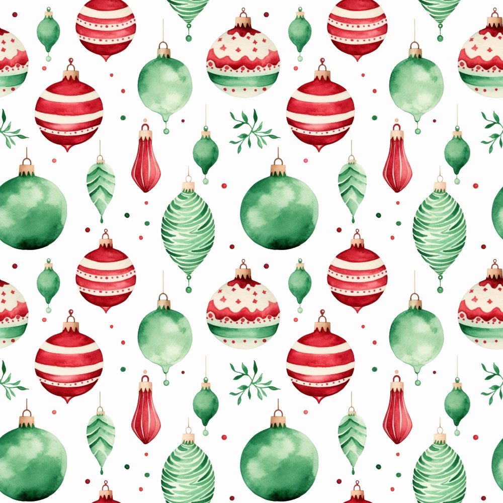 red, green, white, watercolor, christmas ornaments, baubles, holiday decorations, festive pattern, repeating design, spherical ornaments, striped ornaments,, fabric panel, christmas theme, holiday crafting, seasonal pattern, ornament collection, festive motifs, winter holidays, craft fabric