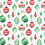 red, green, white, watercolor, christmas ornaments, baubles, holiday decorations, festive pattern, repeating design, spherical ornaments, striped ornaments,, fabric panel, christmas theme, holiday crafting, seasonal pattern, ornament collection, festive motifs, winter holidays, craft fabric