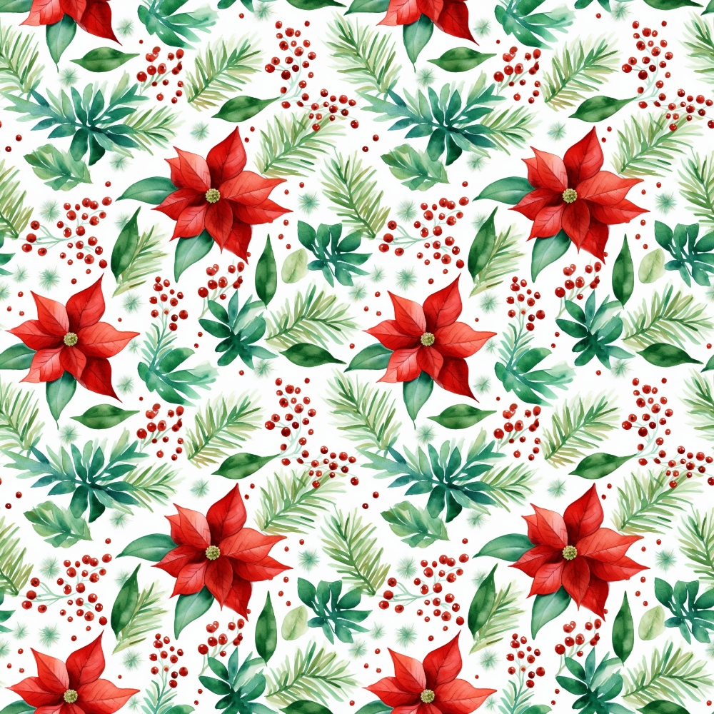 red, green, white, watercolor, christmas, poinsettia, botanical, floral, berries, pine needles, evergreen, leaves, holiday pattern, seamless repeat,, fabric panel, festive, winter florals, nature motifs, painterly style