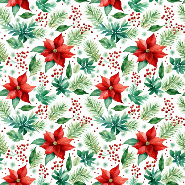 red, green, white, watercolor, christmas, poinsettia, botanical, floral, berries, pine needles, evergreen, leaves, holiday pattern, seamless repeat,, fabric panel, festive, winter florals, nature motifs, painterly style