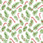 red and white stripes, candy canes, green foliage, holly berries, watercolor style, christmas pattern,, fabric panel, festive design, winter greenery, red berries, botanical elements, holiday motifs, seamless repeat, pine branches, evergreen leaves, peppermint candy, christmas flora