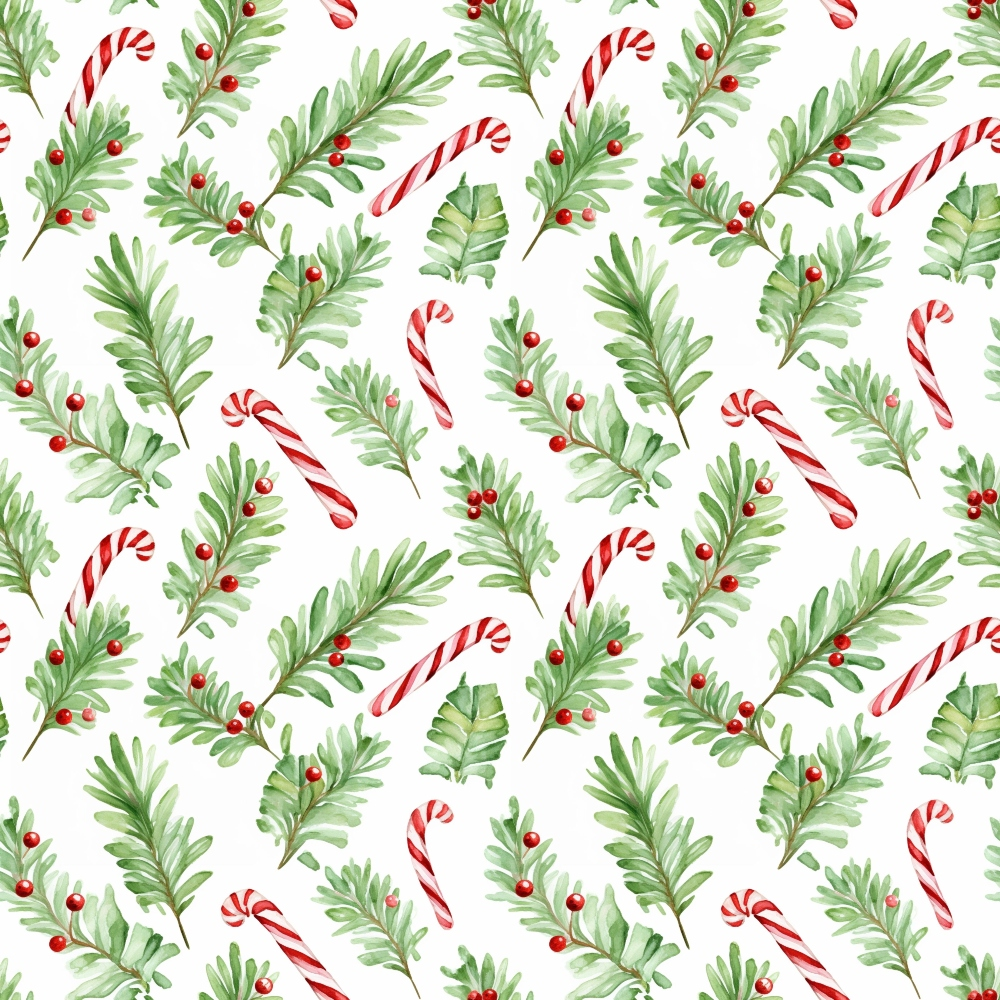 red and white stripes, candy canes, green foliage, holly berries, watercolor style, christmas pattern,, fabric panel, festive design, winter greenery, red berries, botanical elements, holiday motifs, seamless repeat, pine branches, evergreen leaves, peppermint candy, christmas flora