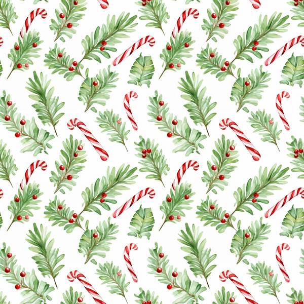 red and white stripes, candy canes, green foliage, holly berries, watercolor style, christmas pattern,, fabric panel, festive design, winter greenery, red berries, botanical elements, holiday motifs, seamless repeat, pine branches, evergreen leaves, peppermint candy, christmas flora