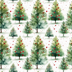 red, green, white, watercolor, christmas trees, pine trees, ornaments, berries, festive pattern, holiday design, winter theme, repeating pattern,, fabric panel, seamless design, christmas decor, botanical elements, scattered dots, evergreen trees, holiday crafting