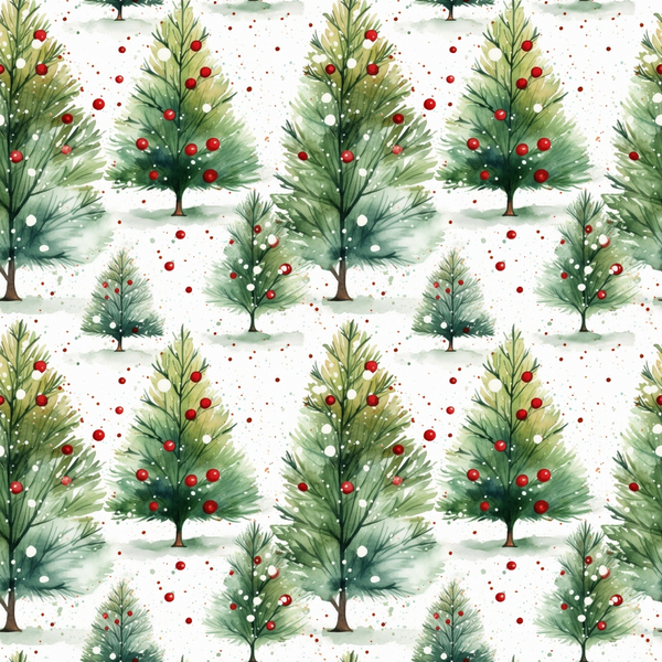 red, green, white, watercolor, christmas trees, pine trees, ornaments, berries, festive pattern, holiday design, winter theme, repeating pattern,, fabric panel, seamless design, christmas decor, botanical elements, scattered dots, evergreen trees, holiday crafting