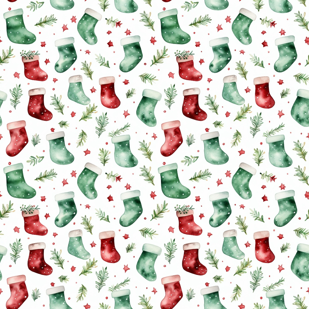 red, green, white, watercolor, christmas stockings, pine branches, evergreen sprigs, stars, polka dots, seamless pattern, holiday theme, christmas motif,, fabric panel, festive design, winter elements, repeating pattern, seasonal decor, craft fabric, watercolor style