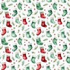red, green, white, watercolor, christmas stockings, pine branches, evergreen sprigs, stars, polka dots, seamless pattern, holiday theme, christmas motif,, fabric panel, festive design, winter elements, repeating pattern, seasonal decor, craft fabric, watercolor style
