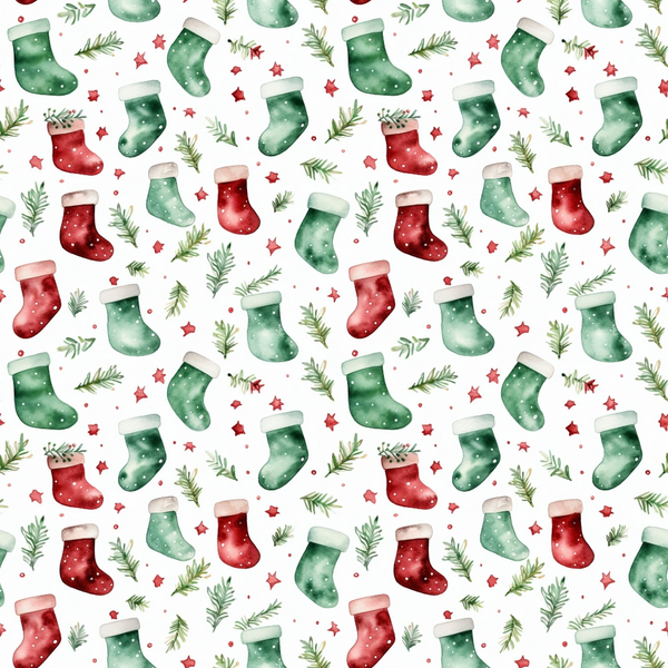 red, green, white, watercolor, christmas stockings, pine branches, evergreen sprigs, stars, polka dots, seamless pattern, holiday theme, christmas motif,, fabric panel, festive design, winter elements, repeating pattern, seasonal decor, craft fabric, watercolor style