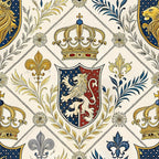 navy blue, cream, gold, burgundy, royal crown, heraldic shield, fleur-de-lis, lions, ornate scrollwork, baroque pattern, regal motifs, decorative flourishes, coat of arms,, fabric panel, royal insignia, medieval style, ornamental design, renaissance inspired