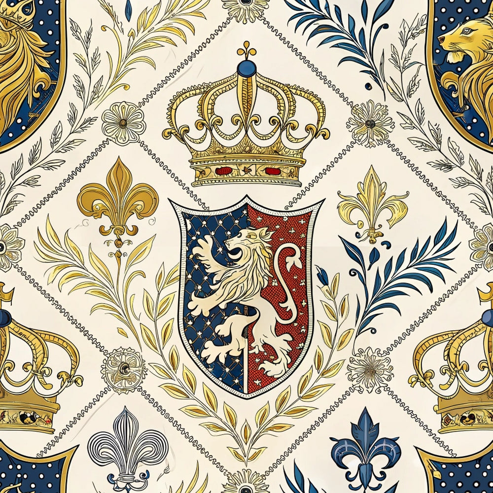 navy blue, cream, gold, burgundy, royal crown, heraldic shield, fleur-de-lis, lions, ornate scrollwork, baroque pattern, regal motifs, decorative flourishes, coat of arms,, fabric panel, royal insignia, medieval style, ornamental design, renaissance inspired