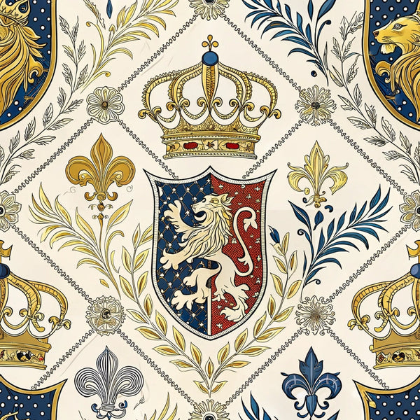 navy blue, cream, gold, burgundy, royal crown, heraldic shield, fleur-de-lis, lions, ornate scrollwork, baroque pattern, regal motifs, decorative flourishes, coat of arms,, fabric panel, royal insignia, medieval style, ornamental design, renaissance inspired