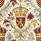 burgundy, gold, cream, beige, heraldic shields, royal crowns, lions, fleur-de-lis, ornate scrollwork, medieval motifs, regal patterns, coat of arms, decorative flourishes,, fabric panel, renaissance style, noble crests, botanical elements, checkered patterns, vintage styling