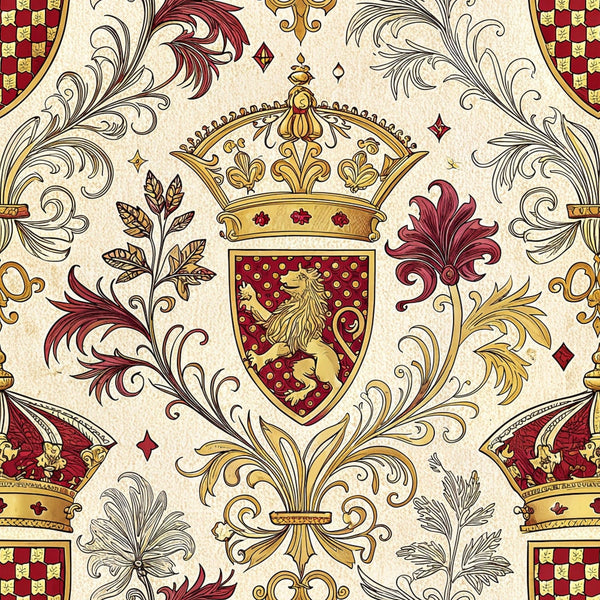 burgundy, gold, cream, beige, heraldic shields, royal crowns, lions, fleur-de-lis, ornate scrollwork, medieval motifs, regal patterns, coat of arms, decorative flourishes,, fabric panel, renaissance style, noble crests, botanical elements, checkered patterns, vintage styling