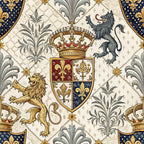 navy blue, gold, cream, beige, red, fleur-de-lis, heraldic shields, royal crowns, lions, ornate scrollwork, medieval motifs, regal pattern,, fabric panel, decorative flourishes, coat of arms, baroque style, royal theme, damask background, repeating pattern