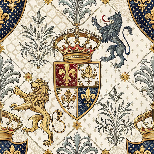 navy blue, gold, cream, beige, red, fleur-de-lis, heraldic shields, royal crowns, lions, ornate scrollwork, medieval motifs, regal pattern,, fabric panel, decorative flourishes, coat of arms, baroque style, royal theme, damask background, repeating pattern