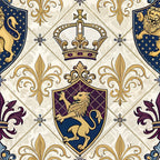 royal blue, gold, purple, burgundy, cream, beige, heraldic shields, lions, crowns, fleur-de-lis, ornate scrollwork, regal symbols, medieval style, majestic,, fabric panel, decorative motifs, baroque flourishes, coat of arms, luxurious pattern