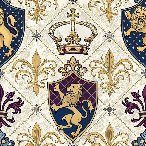 royal blue, gold, purple, burgundy, cream, beige, heraldic shields, lions, crowns, fleur-de-lis, ornate scrollwork, regal symbols, medieval style, majestic,, fabric panel, decorative motifs, baroque flourishes, coat of arms, luxurious pattern