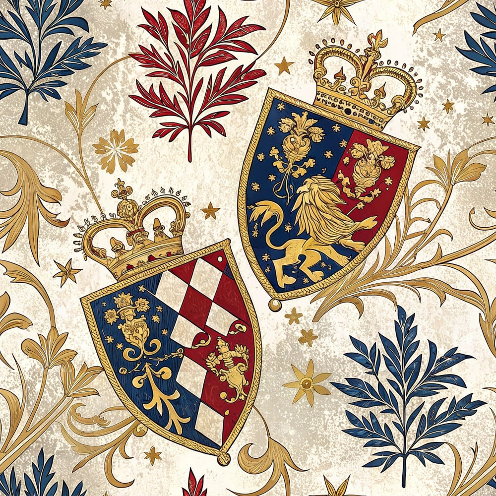 regal heraldic, coat of arms, royal crowns, golden lions, navy blue, burgundy red, cream beige, ornate shields, botanical leaves, decorative scrollwork, medieval style,, fabric panel, stars motifs, elegant flourishes, renaissance design, royal emblems, heraldic crests, ornamental pattern