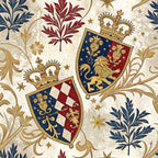 regal heraldic, coat of arms, royal crowns, golden lions, navy blue, burgundy red, cream beige, ornate shields, botanical leaves, decorative scrollwork, medieval style,, fabric panel, stars motifs, elegant flourishes, renaissance design, royal emblems, heraldic crests, ornamental pattern