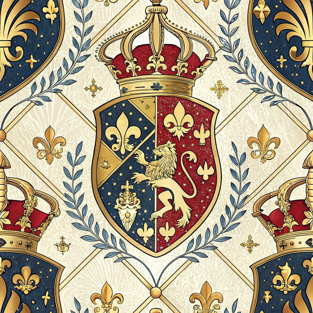 royal blue, burgundy red, gold, cream, beige, heraldic shields, crowns, fleur-de-lis, lions, laurel wreaths, coat of arms, regal motifs, medieval style, ornate patterns,, fabric panel, majestic, noble crests, decorative borders, royal insignia
