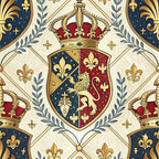 royal blue, burgundy red, gold, cream, beige, heraldic shields, crowns, fleur-de-lis, lions, laurel wreaths, coat of arms, regal motifs, medieval style, ornate patterns,, fabric panel, majestic, noble crests, decorative borders, royal insignia