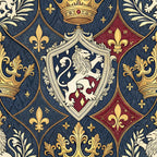 navy blue, burgundy, gold, cream, heraldic shield, rampant lion, fleur-de-lis, royal crown, medieval design, ornate scrollwork, coat of arms,, fabric panel, regal motifs, baroque flourishes, diamond pattern, decorative stars, luxurious feel, historical style, rich colors
