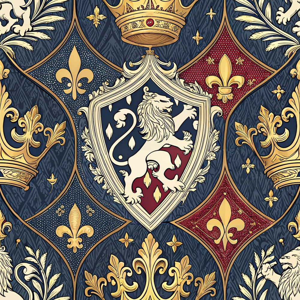 navy blue, burgundy, gold, cream, heraldic shield, rampant lion, fleur-de-lis, royal crown, medieval design, ornate scrollwork, coat of arms,, fabric panel, regal motifs, baroque flourishes, diamond pattern, decorative stars, luxurious feel, historical style, rich colors